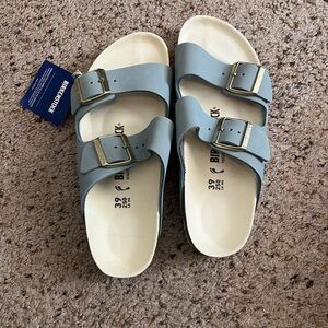 Birkenstock Kids Two-Strap Sandals in Light Blue with Gold Buckles